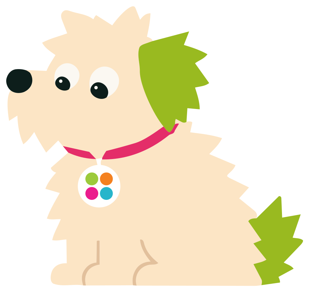 Illustration of Patch the scruffy terrier, Pet Health Hub rescue mascot, wearing a QR pet ID tag
