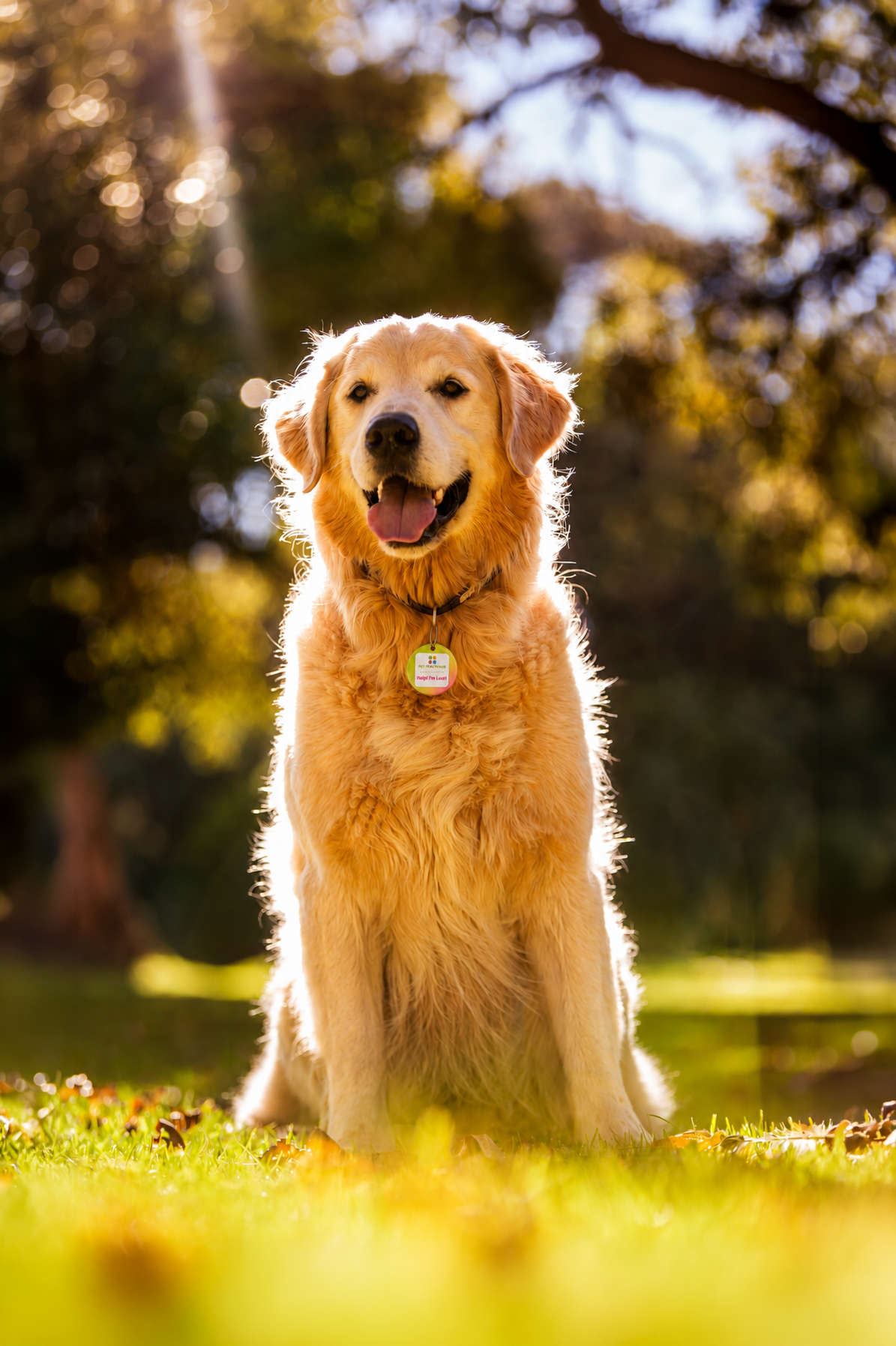 Golden retriever wearing a Pet Health Hub QR ID tag in a sunlit park